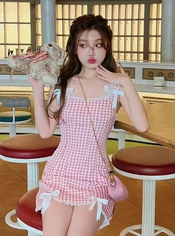 Japanese Kawaii Summer Red White Plaid Lace Ribbon Bow Y2K One Piece Mini Dress - Image 7
