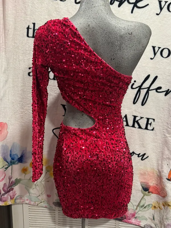 Sexy Sequined Off Shoulder Party Mini Dress Pink Size XS - Image 6