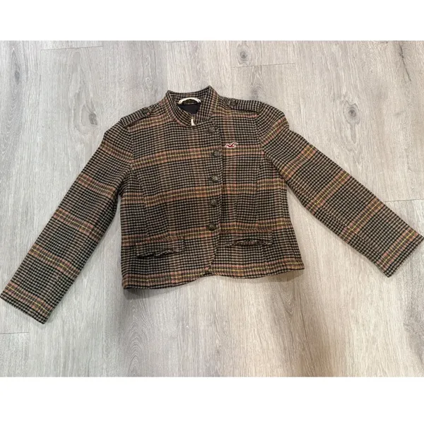 Hollister Brown Houndstooth Plaid Wool Blend Military Blazer Y2K Preppy academia - Image 5