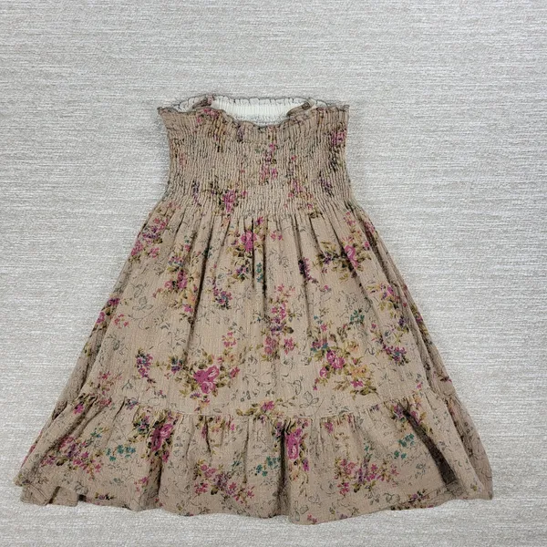 VTG Rachel & Chloe Smocked Dress Womens S Tan Floral Convertible Straps Cottage - Image 3