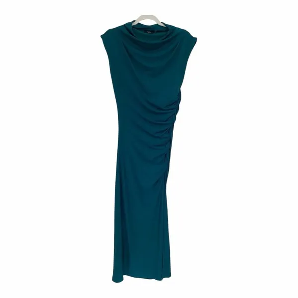 ✨VICI Elisabeth Mock Neck Side Slit Ruched Midi Teal Sz Medium Dress✨ - Image 7