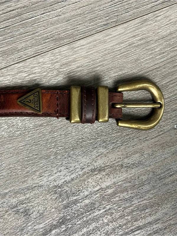Vintage Guess Brown Genuine Leather Belt Brass Buckle Logo Size Medium - Image 5