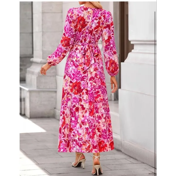 NEW Pink Floral Long Sleeve V Neck Belted Flowy Midi Dress S - Image 2