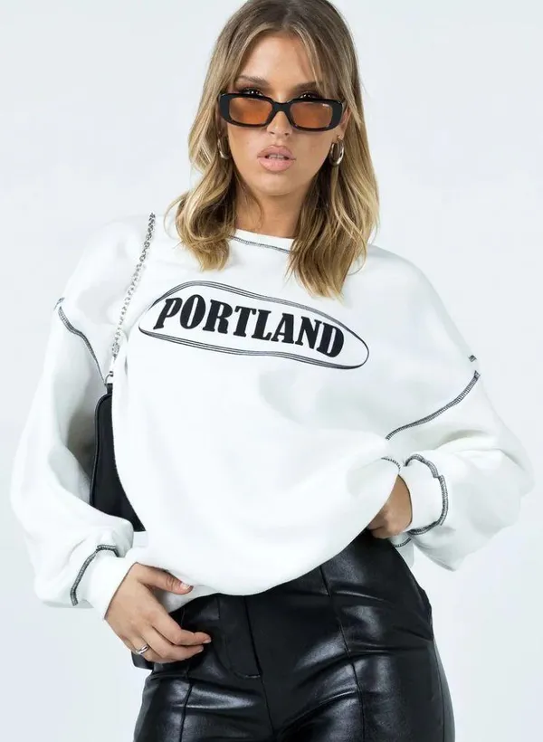 Princess Polly Portland Oversized Crew Neck Sweatshirt White - Image 3