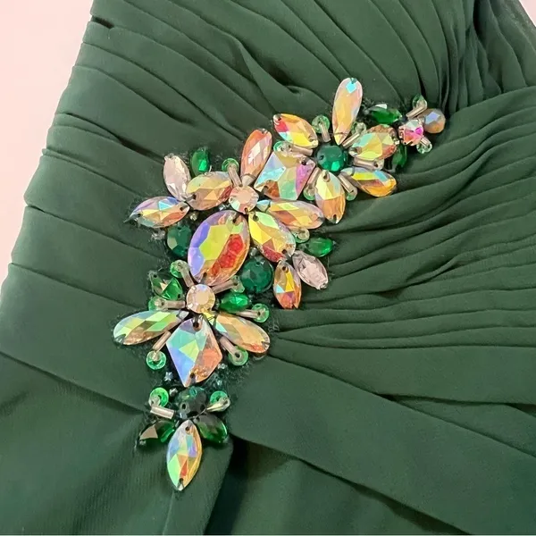 Modern Maids Emerald Green Strapless Ruched Chiffon Dress Small Brooch 4 - Image 7