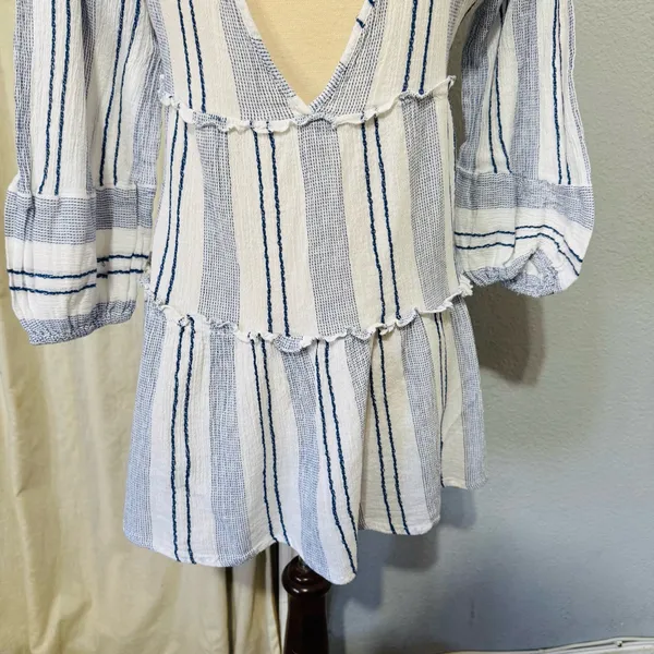Blue Island‎ Women Boho Swim Cover Up Blue/White/Stripe Long Bell Sleeve Sz S - Image 6