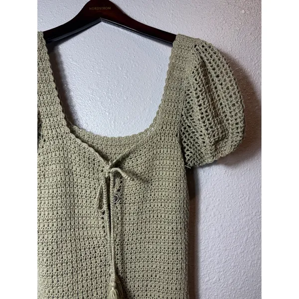 Source Unknown Sage Green Crochet Mini Dress Puff Sleeve Tie Front Boho Size S - Image 6