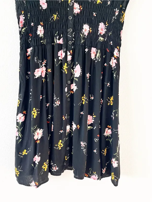 Free People Greatest Day Black Floral Smocked Boho Button Front Mini Dress - Image 6