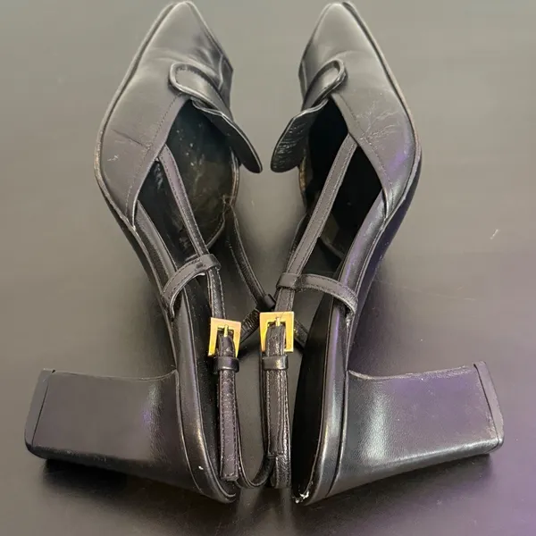 Vintage Prada Black Leather Square Toe Slingback Pump Size 35.5 Gold Buckle y2k - Image 11