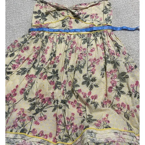 Hazel Strapless Floral Sundress Yellow Pink Green L 100% Cotton Lace Bow Ruffle - Image 9