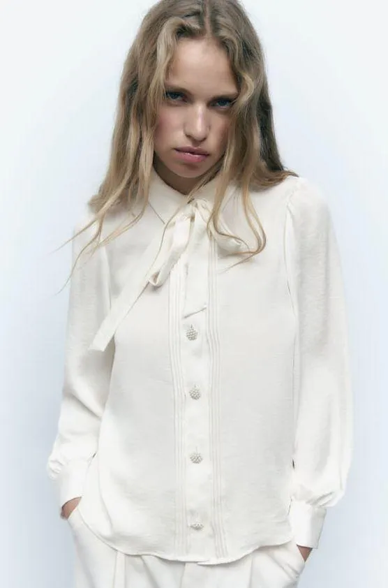 ZARA blouse shirt top satin effect jewel button neck bow - Image 3