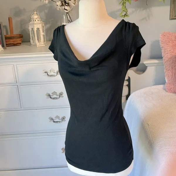 Express Sexy Basic Black Top Drape Neck Short Sleeve Cotton Womens Small - Image 4