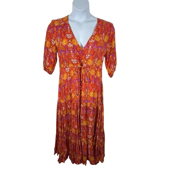 Floral Prairie Maxi Dress Small Boho Festival Cottagecore Orange Pink Romance - Image 3