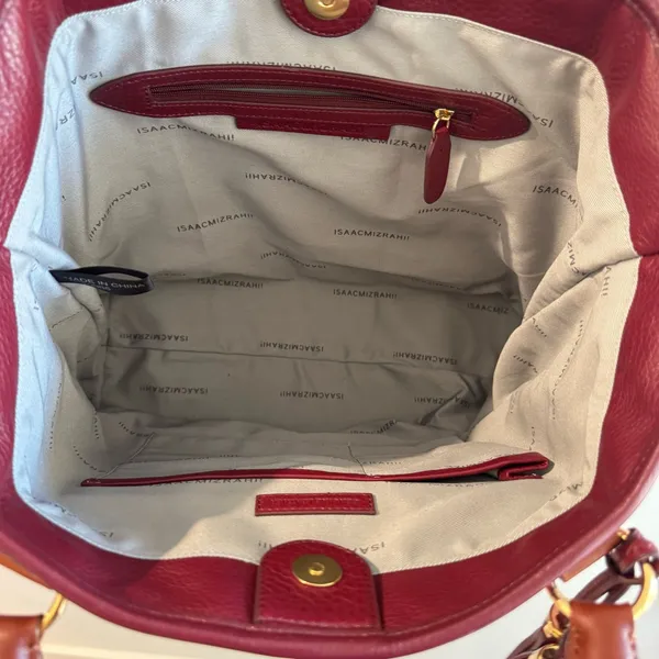 Isaac Mizrahi Bridgehampton Burgundy Cognac Leather Tote‎ Messenger Turnlock Bag - Image 14