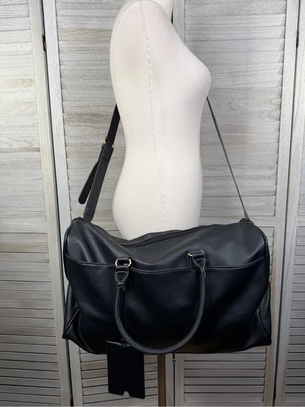 JUSTFAB Black Vegan Leather Weekender Travel Overnight Duffle Bag - Image 2