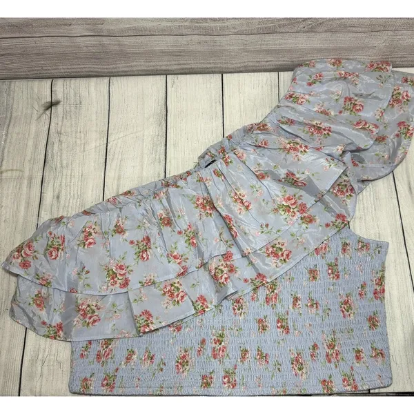 Abercrombie & Fitch Asymmetrical Ruffle 1 Shoulder Top Light Blue Floral XS - Image 5
