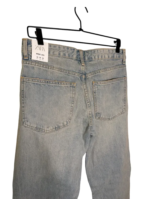 NWT Zara Wide Leg Jeans Mid Rise 100% Cotton Light Blue & Brown Wash Size 8 - Image 7
