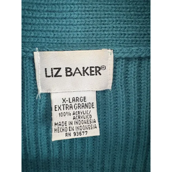 Liz Baker Vintage Teal Solid Rib-Knit Collared Button Front Pocket Cardigan XL - Image 3