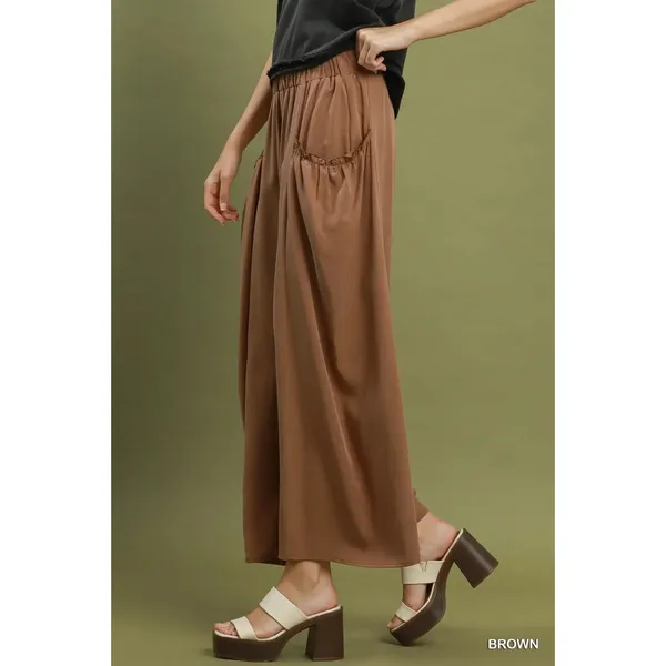 Umgee Flowy Wide Leg Pocket Pants - Brown - Large - Image 2
