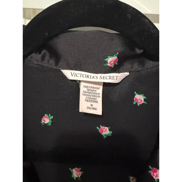 Victoria's Secret Black Satin Rosebud Floral Short Pajama Set Size M Pink Piping - Image 5