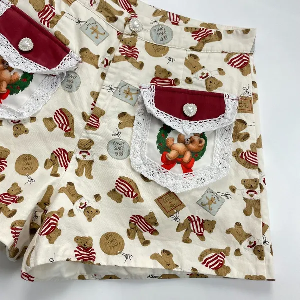 Teddy Bear Print‎ Shorts Christmas Lace Twee High Waisted Women Lace Cream - Image 4