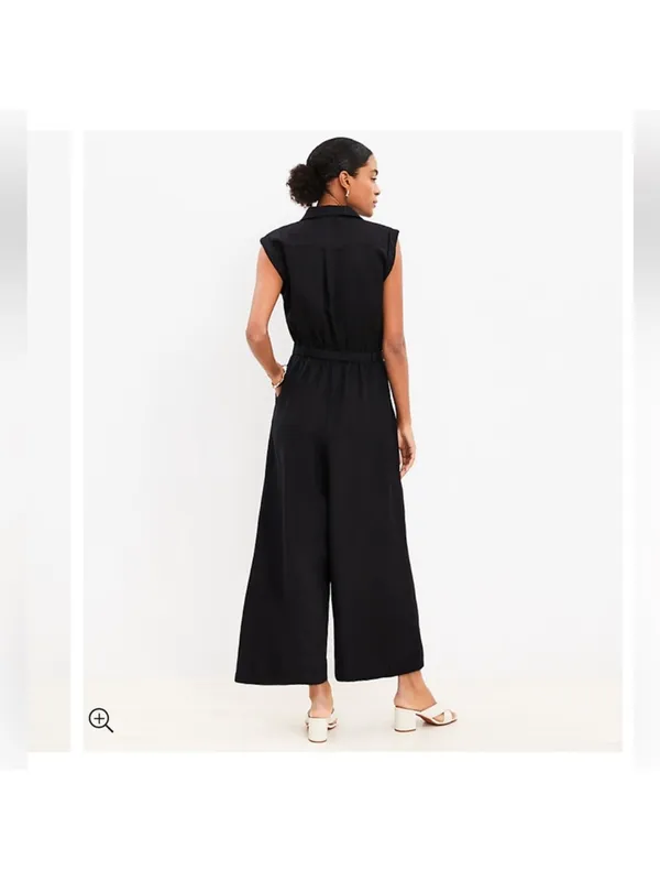 LOFT Black Linen Cap Sleeve Wide Leg Belted Jumpsuit Size XL - Image 2