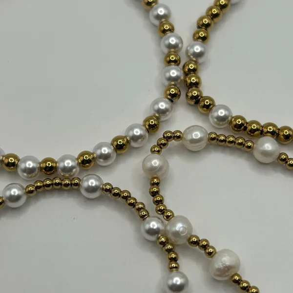 Womens Pearl Gold Bead Stretch Bracelet Set of 4 18k Plated Saphir New - Image 5