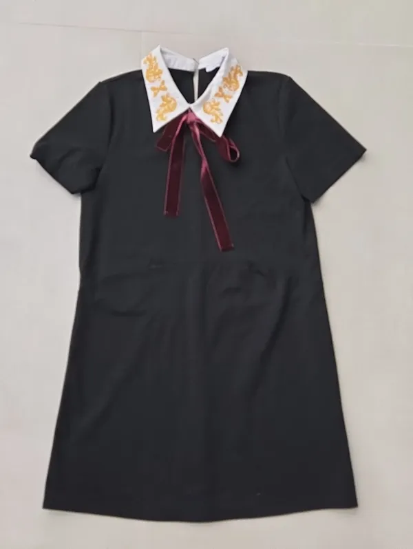 Zara Black Dress with Embroidered White Collar and Burgundy Ribbon Size M - Image 2
