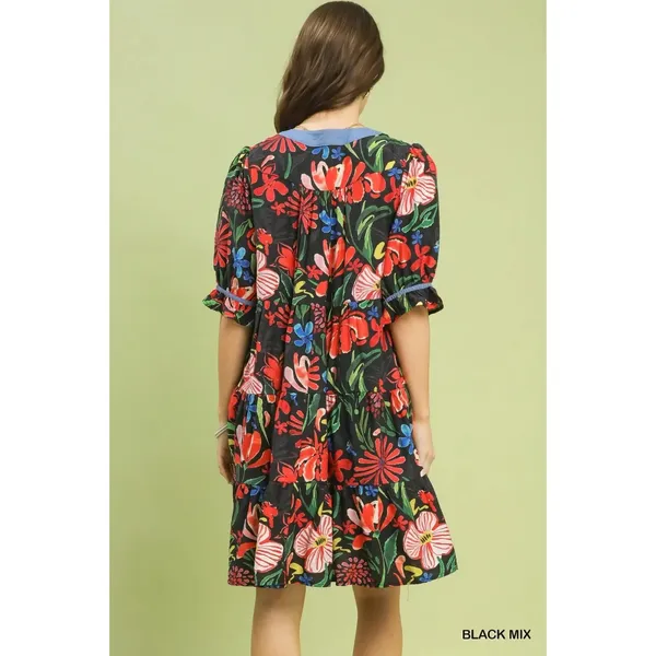 Umgee‎ Floral Tiered Puff Sleeve Dress - Black Mix - Small - Image 3
