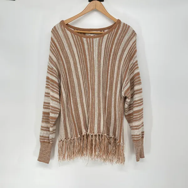 BKE Striped Knit Sweater Fringed Brown Beige Boho Casual S Slouchy Boxy Cozy‎ - Image 2