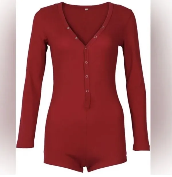 Red Ribbed Henley Lounge Romper - Image 3