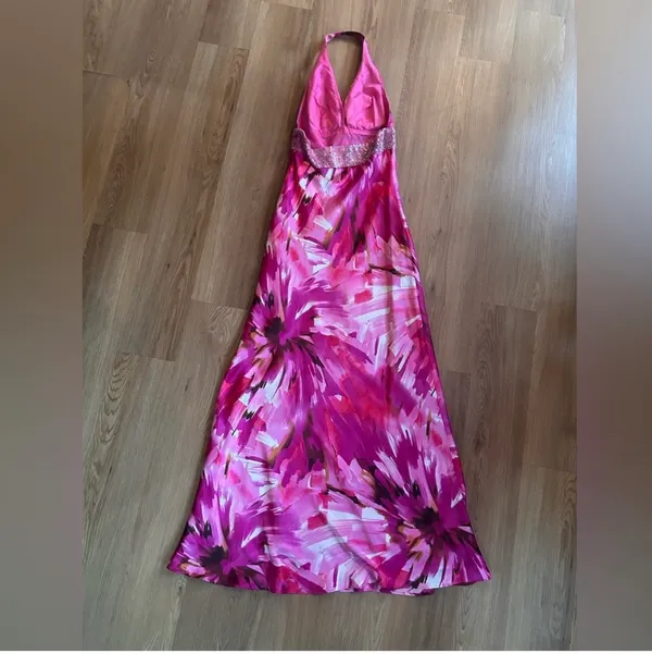 Morgan & Co Pink Floral Maxi Dress 5/6 Y2K Halter Sequin Formal Prom Gown - Image 2