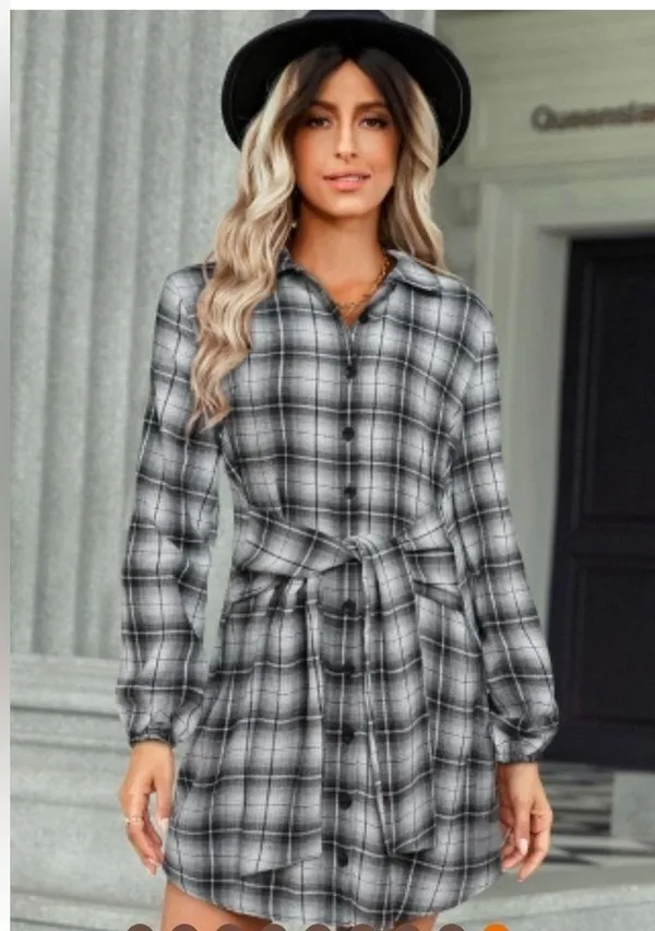 Blue Plaid Flannel Button Front Shirt Dress with Sash Front Tie Casual Western - Image 2