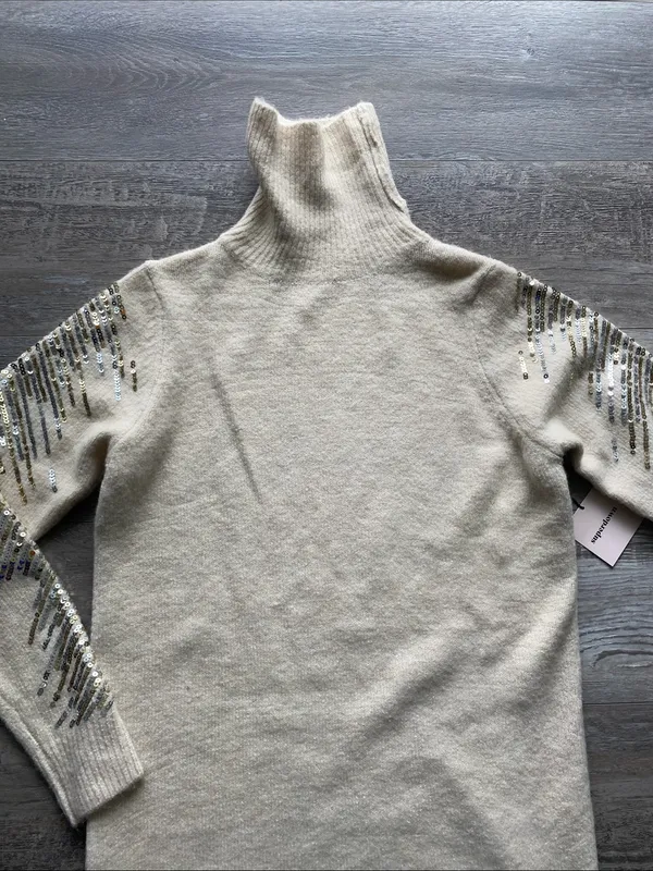 superdown Cream Metallic Sequin Sleeve Turtleneck Sweater Dress Womens Sz Md - Image 2