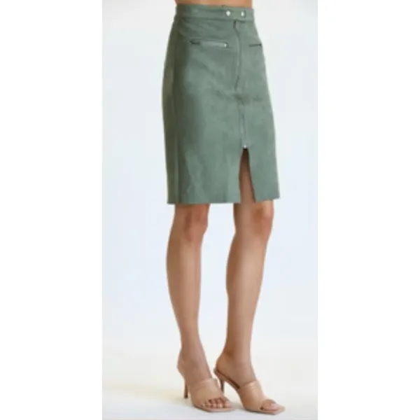 FATE Washed Green Suede Pencil Skirt Front Zip Pockets Midi‎ Length Size M - Image 3