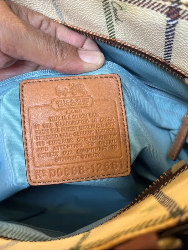 Vtg Coach Heritage Tattersall Plaid Coated Canvas Tote & Wallet with Blue Stripe - Image 9