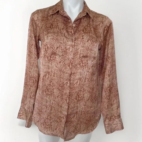 NEW a new day Animal print satin blouse top SMALL brown tan long sleeves buttons - Image 2