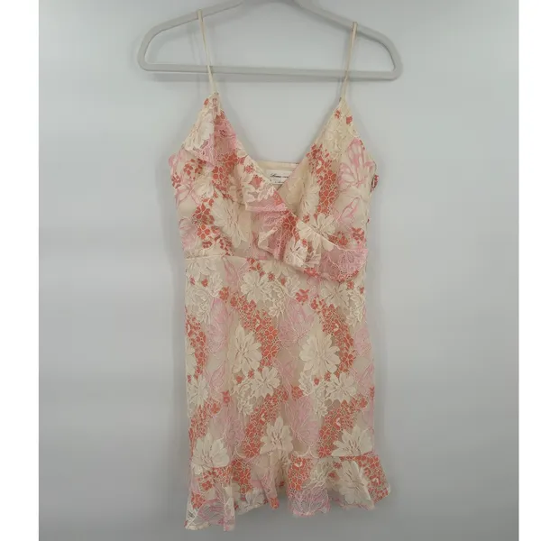 Lovers + Friends Lace Ruffle Floral Mini Dress Pink Orange‎ Size M Romantic - Image 2