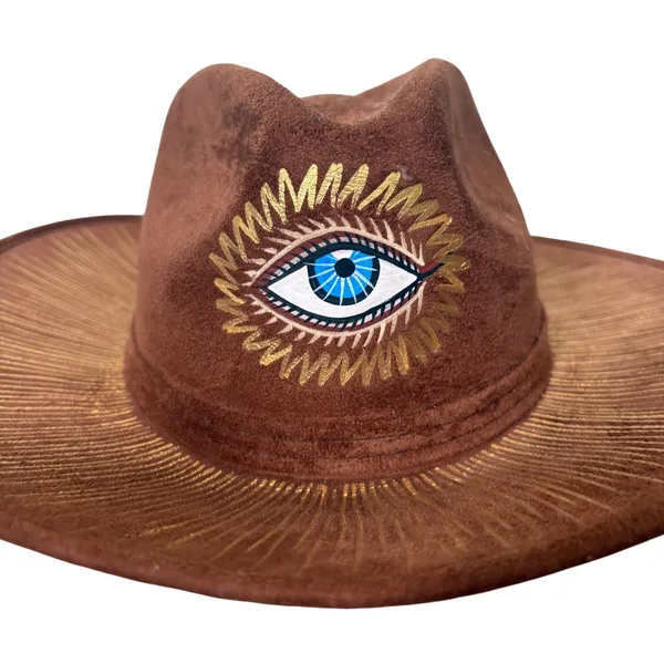 Bonitos Hand Painted Evil Eye Brown Faux Suede Western Cowboy Hat Large Mexico - Image 2