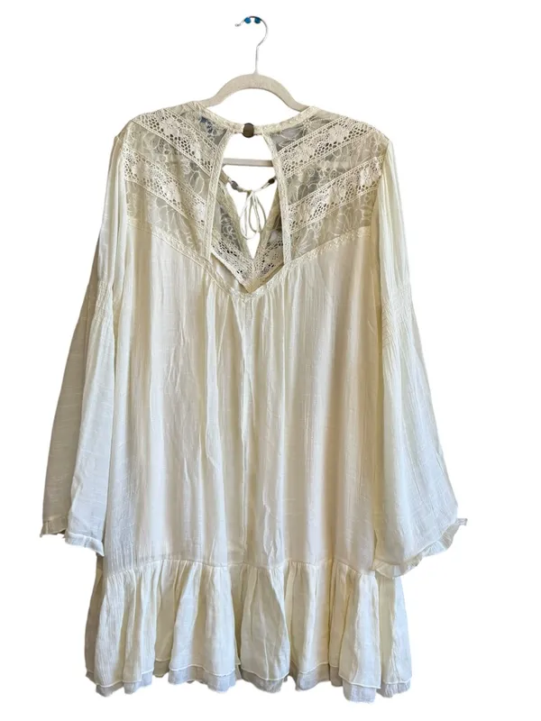 J.Gee Boho Crochet Lace Tiered Mini Dress Cream Bell Sleeve XL New - Image 7