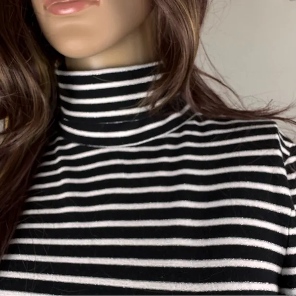Express‎ Women's Sz M striped metallic Silver White Black Turtleneck Knit Top - Image 2