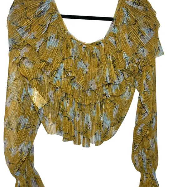 Free People Mustard Yellow Floral Pleated‎ Ruffle Mesh Crop Top Womens Small - Image 2