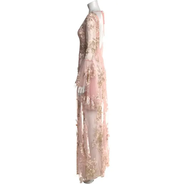 LoveShackFancy 0 XS Gown BRIXTON Long Dress Pink sheer Rachael Zoe RHBH Applique - Image 4