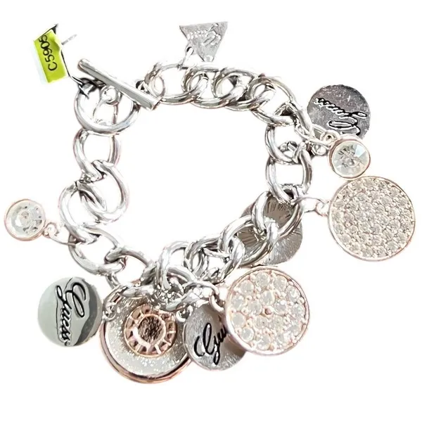Guess Y2K Charm Link Bracelet Silver Rose Gold Crystal Logo Dangle Modern Glam‎ - Image 3