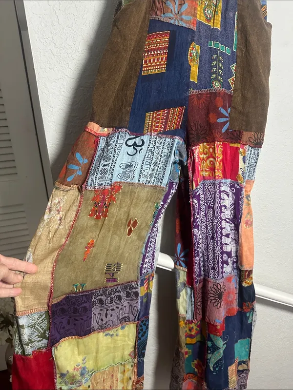 NEW Patchwork Jumpsuit Overalls Granola Girl Hippie Pockets Stretchy Straps Fall - Image 4
