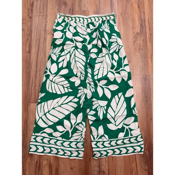 Atelier Nicole Miller Women L Linen Blend Green Floral Wide Leg Crop Pants - Image 3