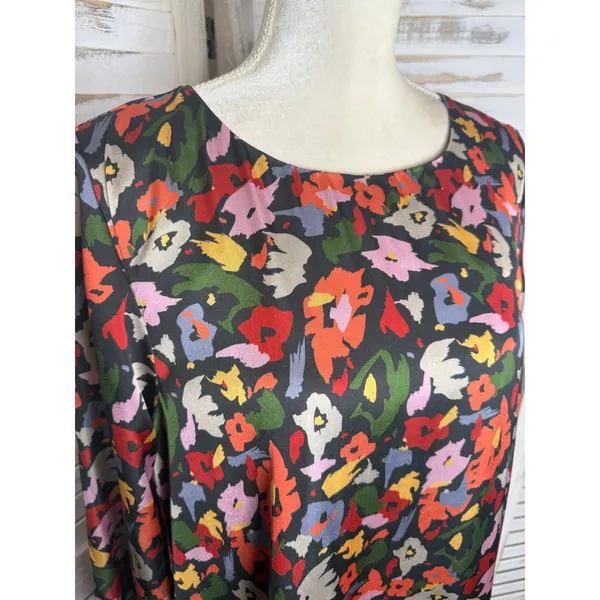 COMPANIA FANTASTICA Women's XL Satin Multicolor Floral Shift Dress Ruffle Hem - Image 9