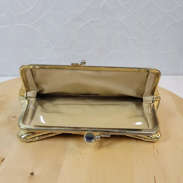 Vintage Clutch Wallet Womens 8"x5" Metallic Gold Kiss Lock Bi-Fold Evening Purse - Image 12