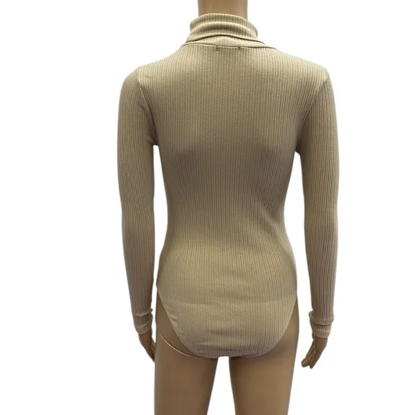 Ambiance Khaki Long Sleeve Ribbed Turtleneck Stretchy Bodysuit Top Women Small - Image 6