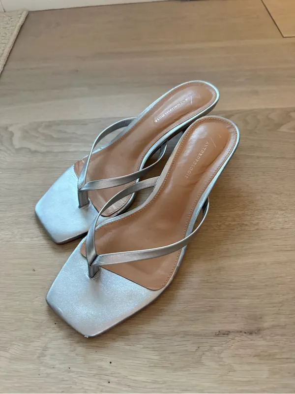 Anthropologie Silver Thong Kitten Heels - Image 6